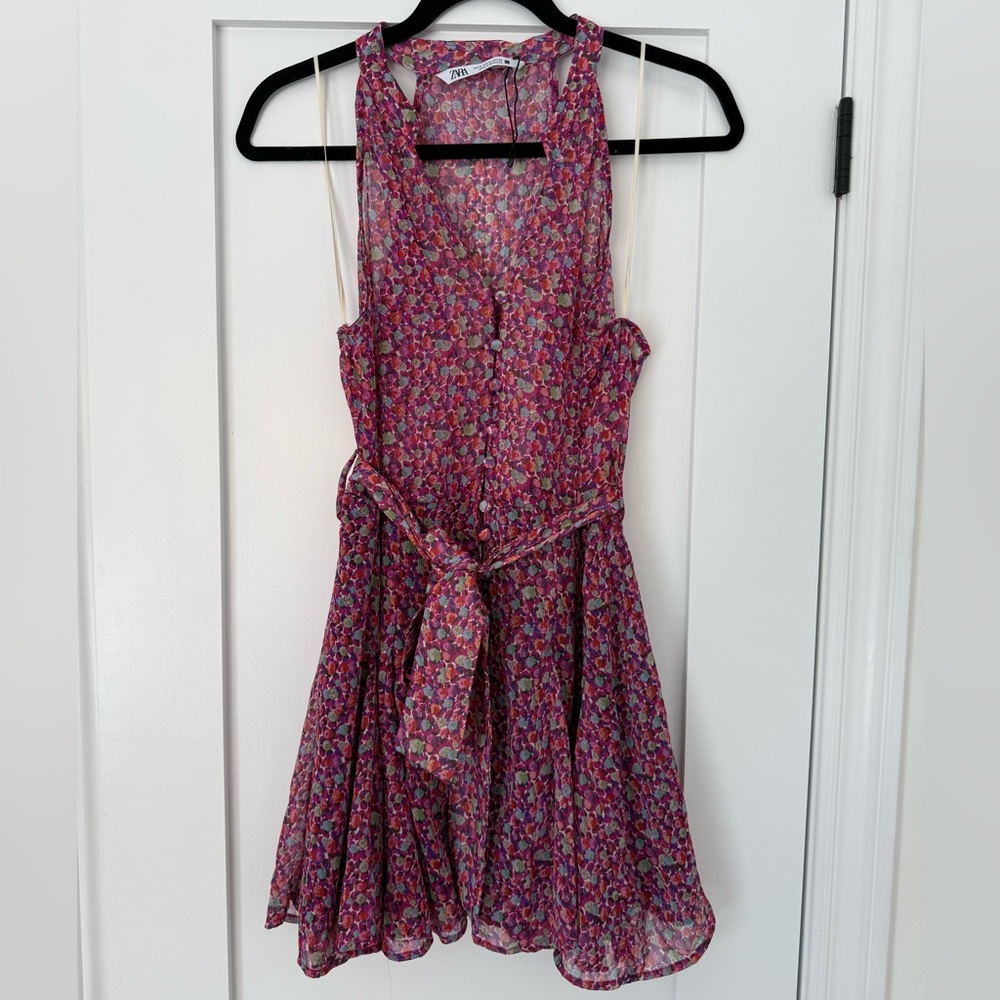 ZARA Floral Tie Waist Mini Dress Pink Multicolor Romantic - Picture 5 of 10